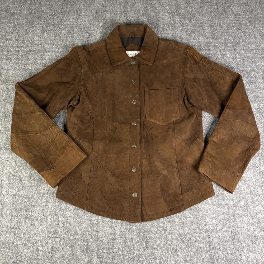 Vintage Y2K Anchor Blue Brown Suede Leather Patchwork Lined Coat Jacket Womens S